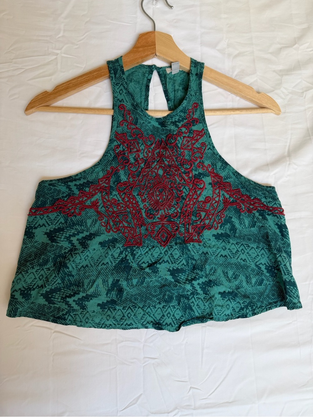 Ecote Teal Halter Crop Top with Red Embroidery
